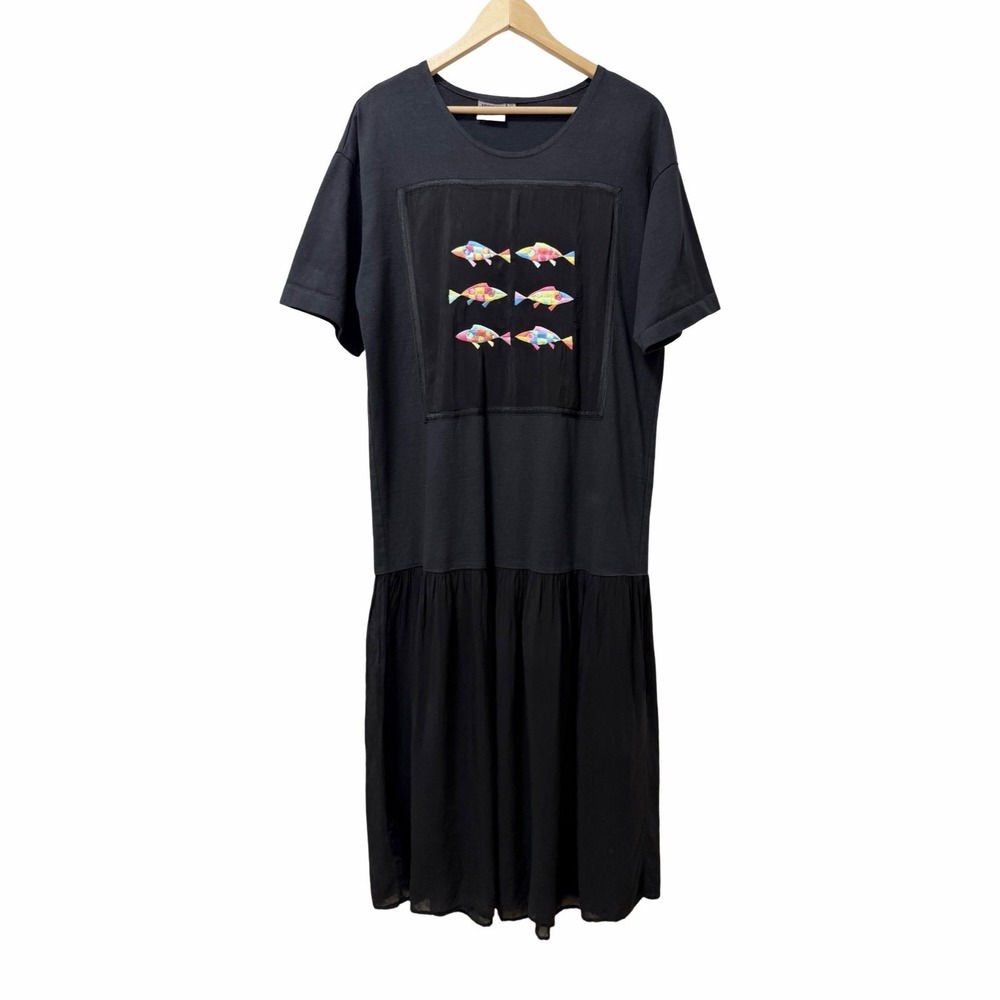 Vintage Johnny Was Embroidered Fish T Shirt Maxi Dress Size M Black Artsy 90s